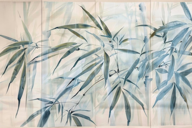 Een vierpanel scherm met delicate bamboe bladeren elk blad is nauwgezet geschilderd het vangen van zijn aderen en subtiele variaties