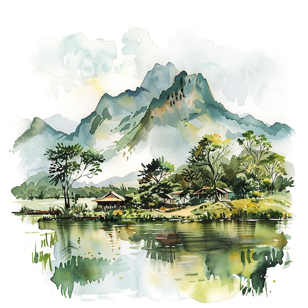 Foto een vietnam schilderij van een bergketen met een rivier en huizen in de vallei de sfeer van het schilderij is vreedzaam en serene