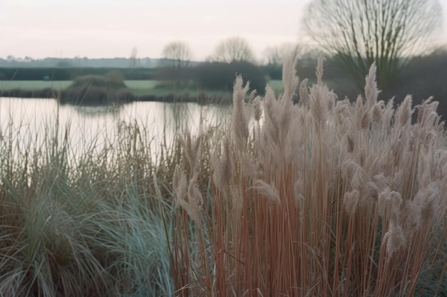 Een vijver met een grasveld en een pampagras