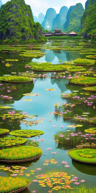 Een vijver met waterlelies en bloemen