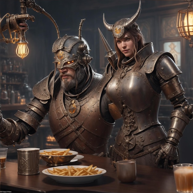 een viking steampunk robotbarverlichting die koffie en patat serveert