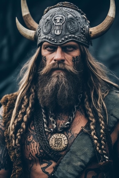 Een vikingman met horens en een vikinghelm