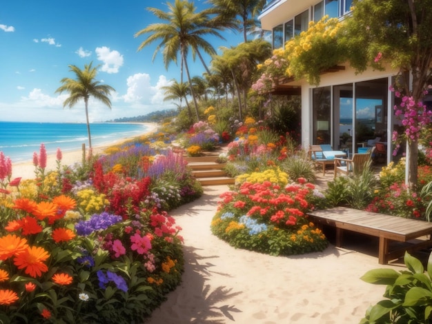 Een villa aan het strand met een levendige tuin