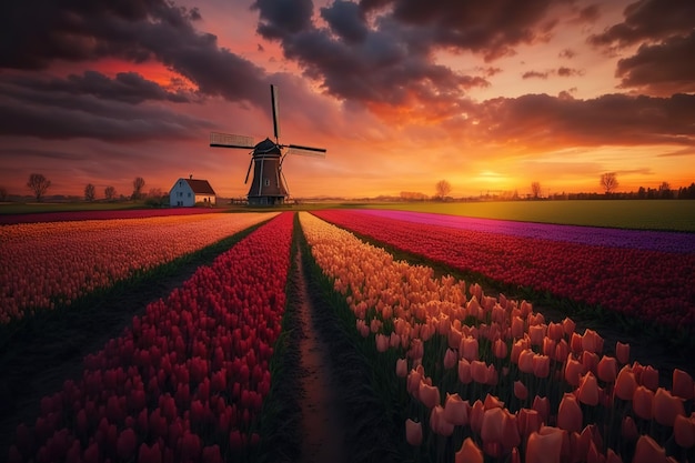 Foto een vinger met tulpen bij zonsondergangde schoonheid van de natuur generatieve ai