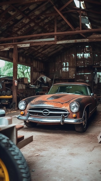 Een vintage auto in een garage met het woord doorwaadbare plaats op de voorkant.