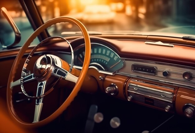 Een vintage auto met een dashboard en een klok op het dashboard