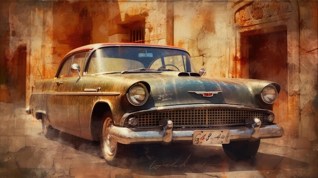 Een vintage auto uit cuba die is geschilderd in een schilderstijl.