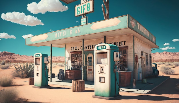 Foto een vintage benzinestation met een bordje met de tekst 'vive' erop.