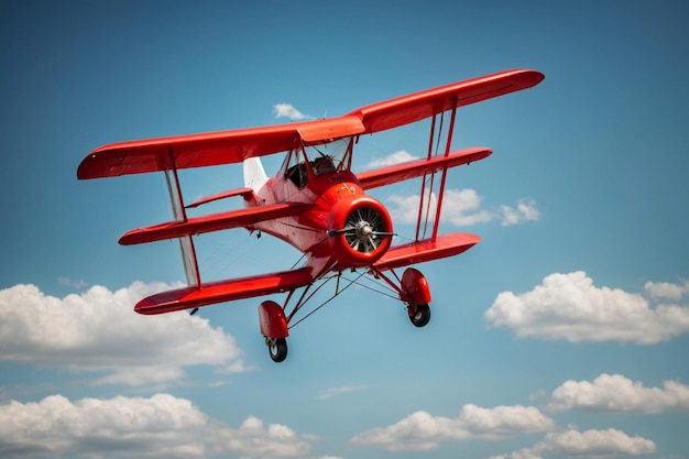 Een vintage biplane met een felrode carrosserie