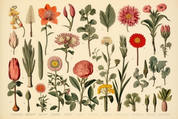 Foto een vintage botanische illustratie met verschillende soorten plantensoorten gegenereerd door ai