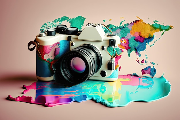 Een vintage camera geplaatst op een pastelkleurige abstracte wereldkaart die je uitnodigt om de schoonheid van verschillende culturen te verkennen en vast te leggen door middel van reisbloggen Gegenereerd door AI