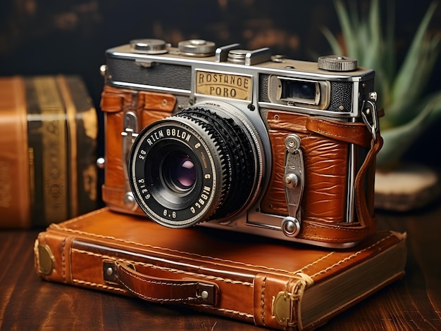 Een vintage camera op een in leer gebonden boek