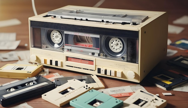 Foto een vintage cassette tape deck met tapes verspreid over het oproepen van nostalgie voor het tijdperk van mixtapes