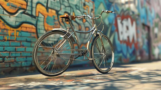 Een vintage fiets is geparkeerd in een steeg de fiets is zilver en heeft een bruine stoel de steeg is gemaakt van baksteen en is bedekt met graffiti