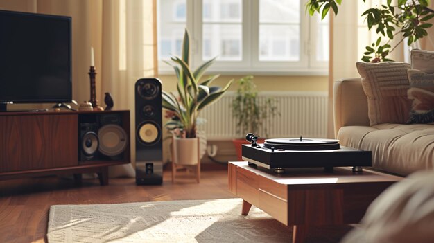 Foto een vintage-geïnspireerde luxe vinyl platenspeler staat centraal in deze stijlvolle woonkamer. het elegante ontwerp en de hoge kwaliteit van het geluid maken het de perfecte toevoeging tot elke muziekliefhebbercollectie.