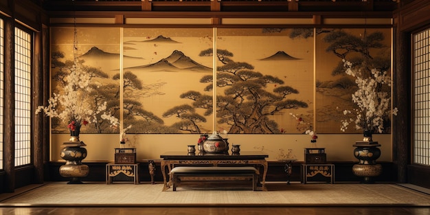 Een vintage Japanse kamer achtergrond Traditionele hoge klasse Japanse stijl kamer met gouden stijl versierde muren
