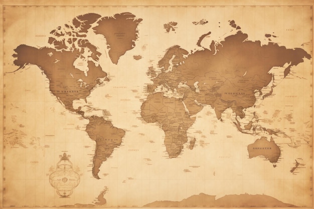 Een vintage kaart van de wereld in sepia tonen gegenereerd door AI