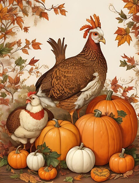 Foto een vintage kleur thanksgiving poster illustratie met pompoen kalkoen hen esdoorn bladeren