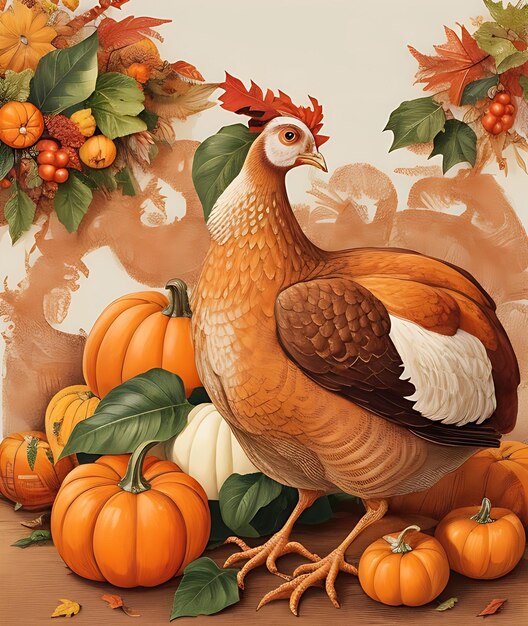 Foto een vintage kleur thanksgiving poster illustratie met pompoen kalkoen hen esdoorn bladeren