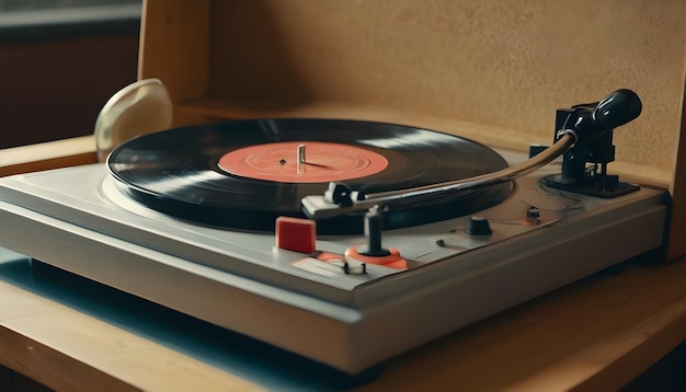 een vintage platenspeler met een vinyl plaat draaien op de draaitafel set tegen een retro-geïnspireerde
