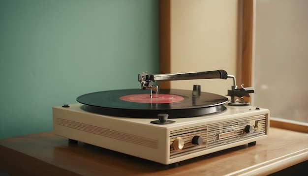 een vintage platenspeler met een vinyl plaat draaien op de draaitafel set tegen een retro-geïnspireerde