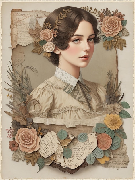 Een vintage postkaart van een vrouw met bloemen en een brief waarin staat: "Ze is een meisje".