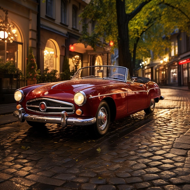 Een vintage rode cabriolet geparkeerd op een geplaveide straat
