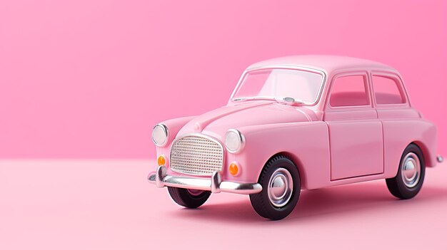Een vintage roze speelgoedwagen tegen een monochromatische achtergrond generatieve ai