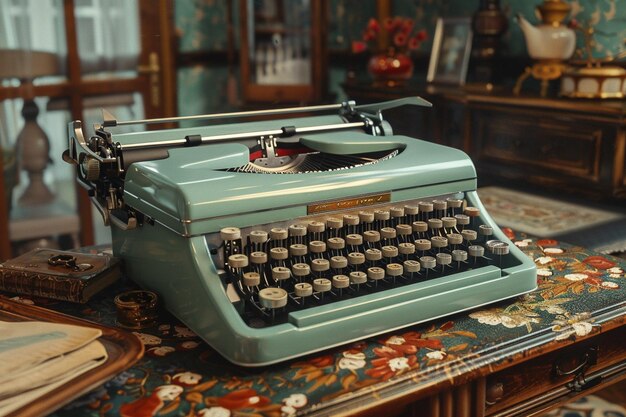 Een vintage schrijfmachine klikt weg in een gezellige studeerkamer