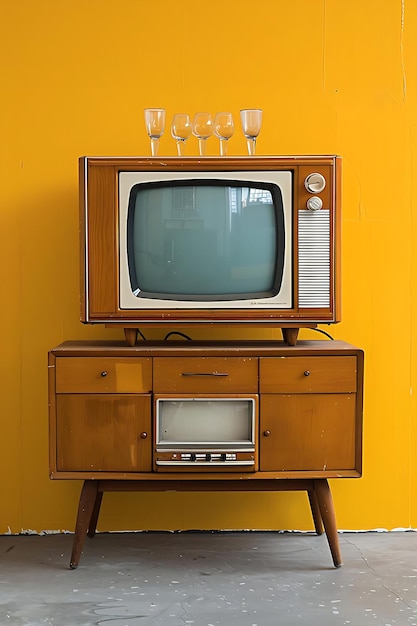 Een vintage televisie zit op een houten stand voor een gele muur