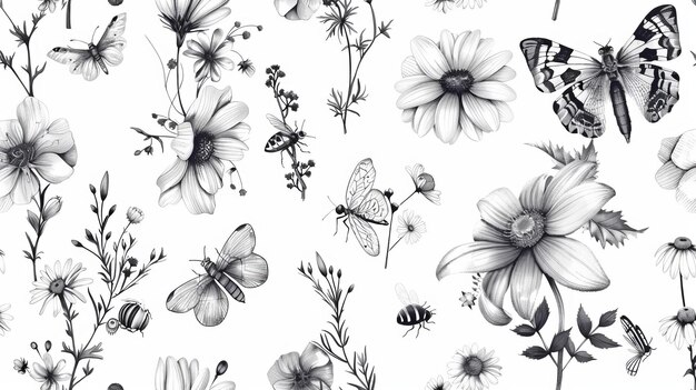 Een vintage toon toon patroon van boho tuin bloemen met wilde bloemen libellen bijen lieveheeren daisies bladeren en takken Een element van boho ontwerp