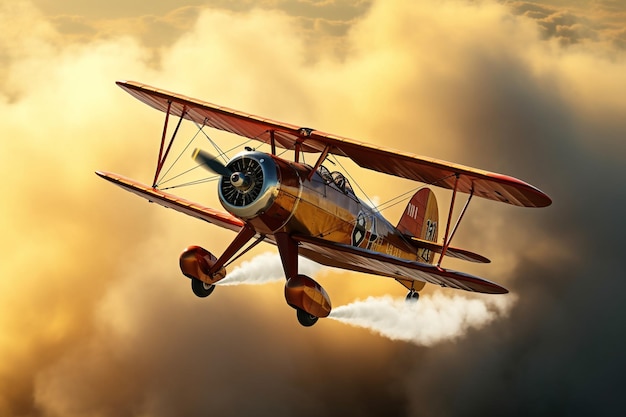 Een vintage tweedekker die door de lucht vliegt en 00521 03 verlaat