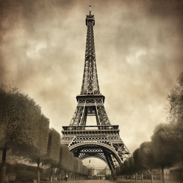 Een vintage uitziende foto van de Eiffeltoren in Parijs.