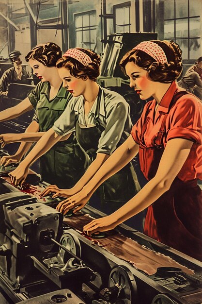 Foto een vintage warera-posterbeeld van vrouwen die in fabrieken werken