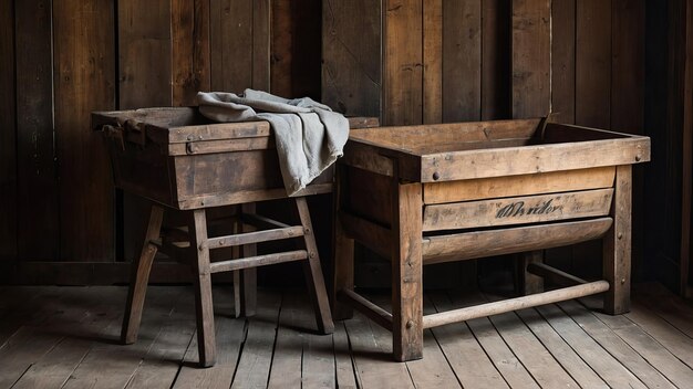 Foto een vintage wasmachine naast een rustieke houten stoel creëert een gezellige nostalgische scène