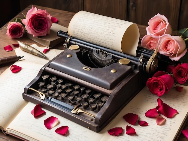 Een vintagestyle bureau met een open notitieboek en een veer omringd door verspreide rozenblaadjes De omgeving suggereert een doordachte omgeving voor het schrijven van liefdesbrieven