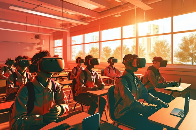 Een virtuele realiteit klaslokaal vol studenten leren AI gegenereerd