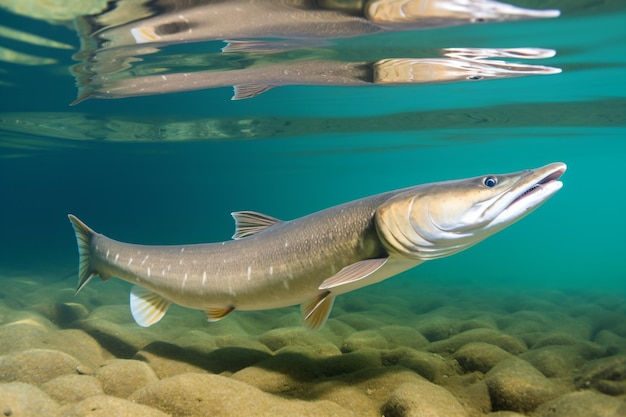 Foto een vis die in het water bij rotsen zwemt