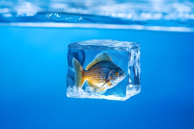 Een vis in een ijsblokje is bevroren.
