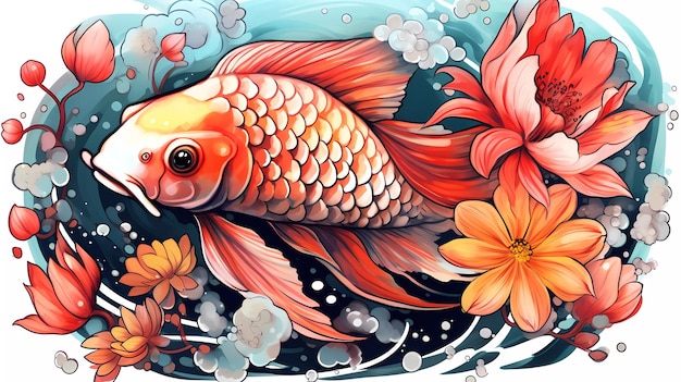 Een vis in een vijver met bloemen en een vis