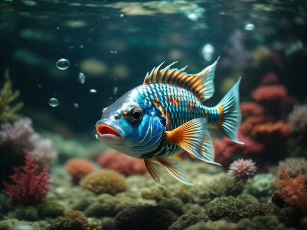 een vis met een blauwe en oranje streep die in een aquarium met koraal zwemt