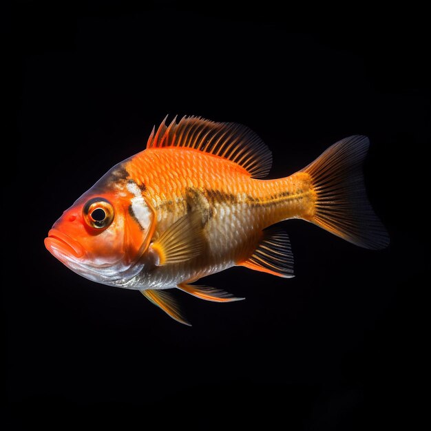 Een vis met een witte en oranje staart en witte strepen wordt getoond tegen een zwarte achtergrond.