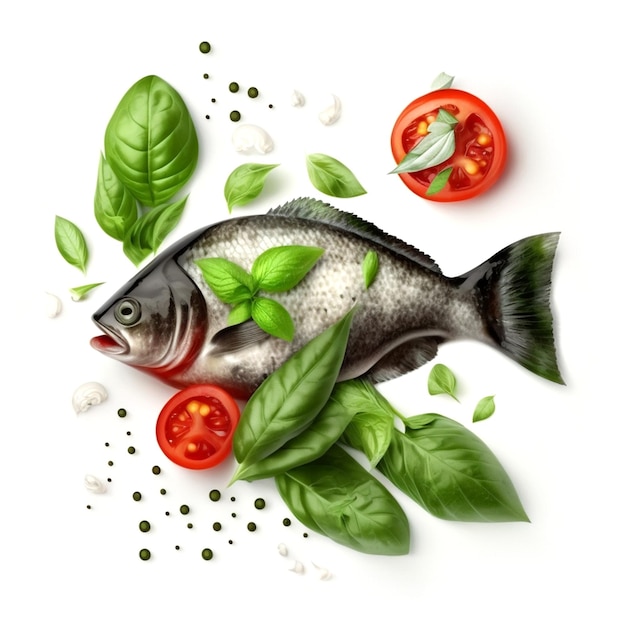 Een vis met tomaten en basilicum erop