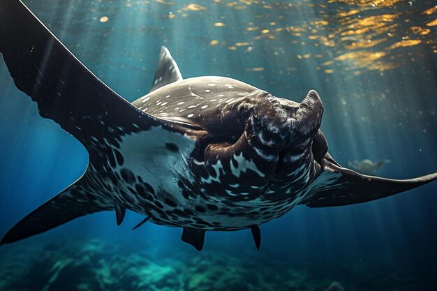 een vis zwemt in een aquarium met de zon die schijnt op het oppervlak