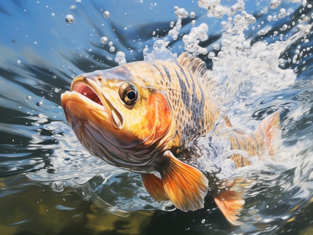 Foto een vis zwemt in het water met zijn mond open.