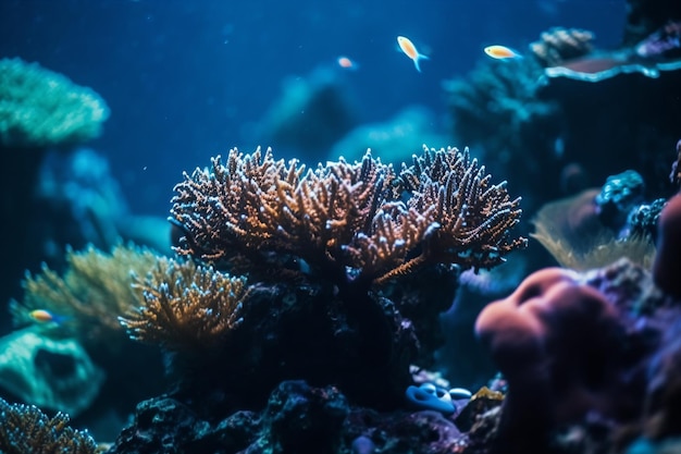 Een vis zwemt tussen koralen in een blauwe oceaan