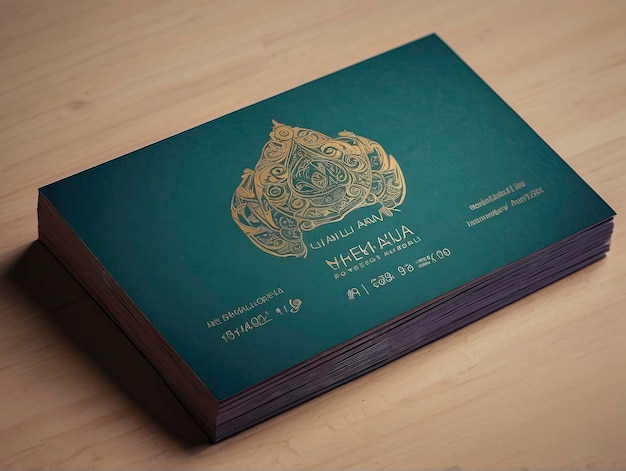 een visitekaartje met een gouden ontwerp op een houten oppervlak