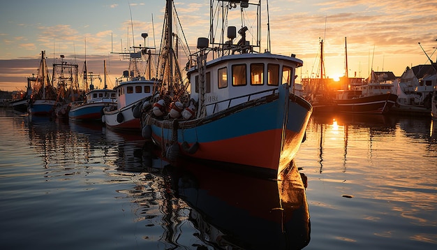 Foto een vissersboot die aan een commerciële haven ligt, weerspiegelt een rustige zonsondergang gegenereerd door ai.