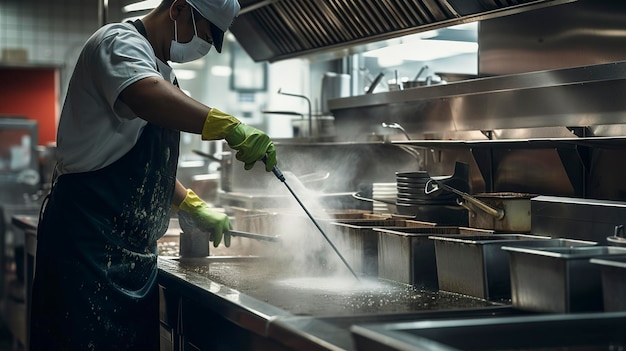 Een visueel aantrekkelijke opname van een restaurantkeuken die wordt schoongemaakt en ontsmet