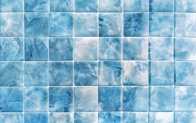 Een visueel opvallende roostervormige formatie van bevroren doorzichtige glazen tegels in een reeks koele blauwe tinten die een elegant koel en boeiend ontwerp creëren